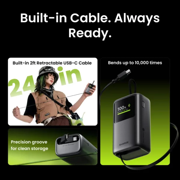 Sharge HyperTower 45 Power Bank ( 45W, 10K,Built-in Cable)